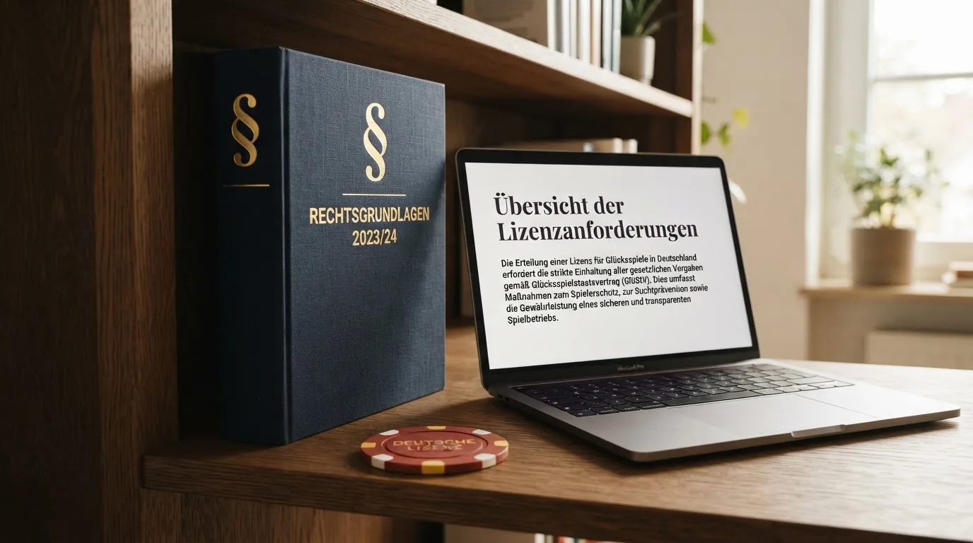 Nahaufnahme eines Aktenordners mit Paragraphenzeichen auf dem Ruecken, daneben ein aufgeklapptes Notebook mit einer Uebersichtsliste lizenzierter Anbieter.