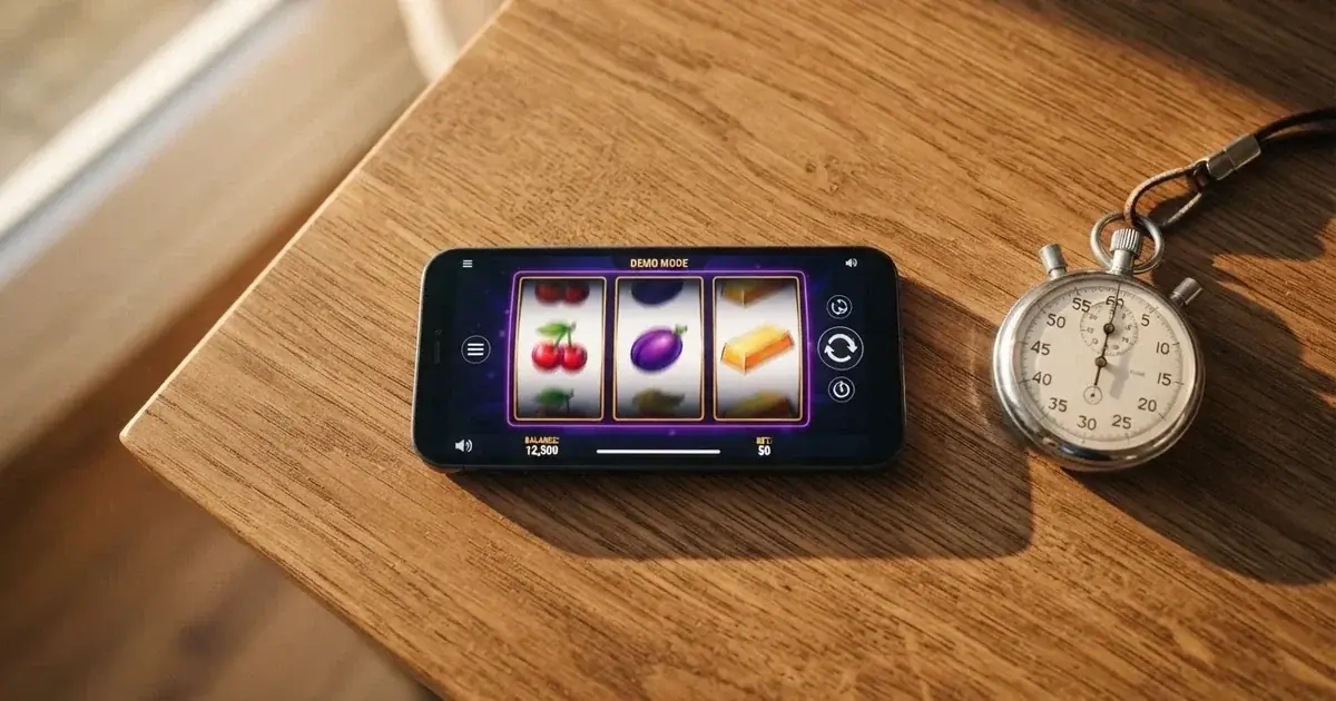 Draufsicht auf ein Smartphone mit einem digitalen Walzenspiel im Demomodus, daneben eine Stoppuhr, die den Abstand zwischen zwei Spins anzeigt.