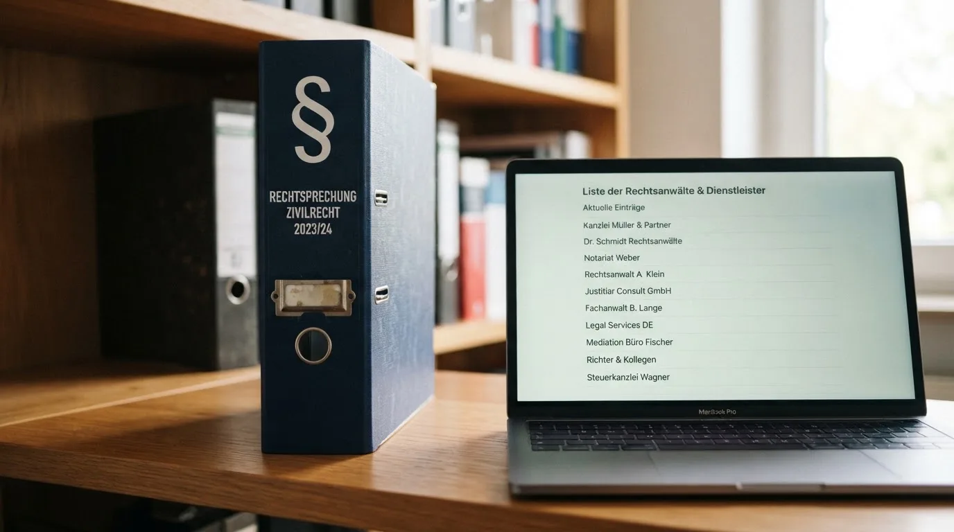 Nahaufnahme eines Aktenordners mit Paragraphenzeichen auf dem Ruecken, daneben ein aufgeklapptes Notebook mit einer Uebersichtsliste lizenzierter Anbieter.