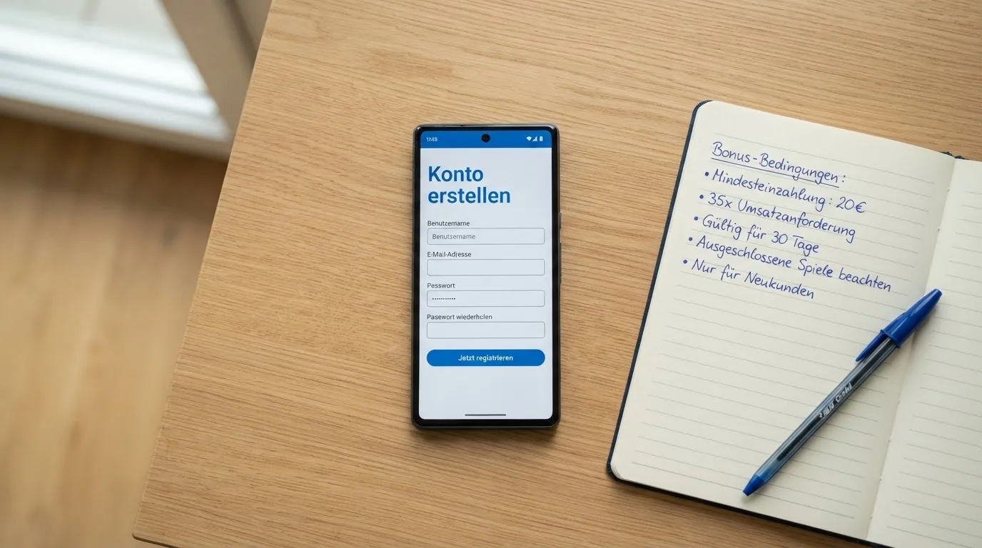 Draufsicht auf ein Smartphone mit einer geoeffneten Registrierungsmaske fuer ein Spielerkonto, daneben ein Notizblock mit handschriftlichen Bonusbedingungen.