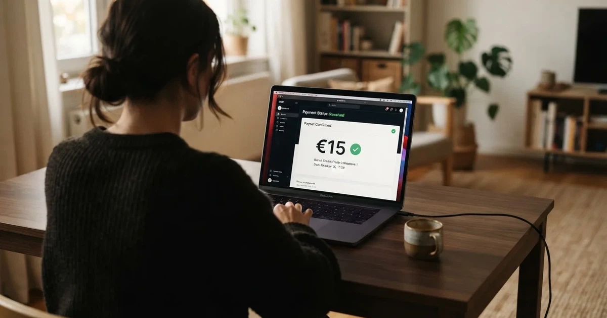 Nahaufnahme eines Laptop-Bildschirms mit einer Kontouebersicht, auf der ein Guthabenbetrag in Euro und ein Auszahlungsstatus zu sehen sind.