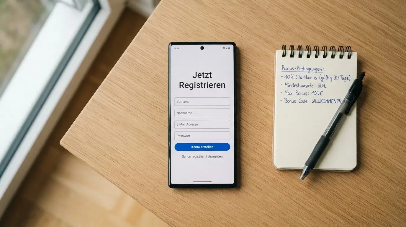 Draufsicht auf ein Smartphone mit einer geoeffneten Registrierungsmaske fuer ein Spielerkonto, daneben ein Notizblock mit handschriftlichen Bonusbedingungen.