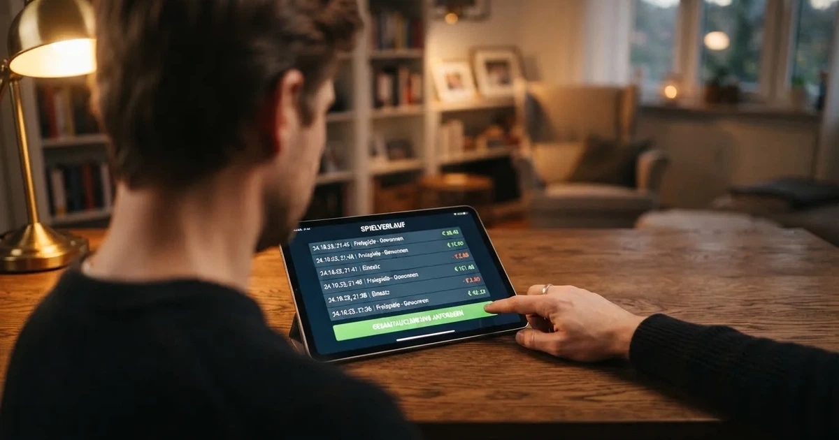 Nahaufnahme eines Tablet-Bildschirms mit einer Spielhistorie, in der einzelne Freispiel-Gewinne und ein Auszahlungsbutton aufgelistet sind.
