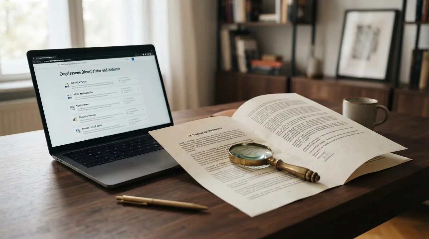 Schreibtisch mit einem ausgedruckten Gesetzestext, einer Lupe und einem Laptop, auf dessen Bildschirm eine Behoerdenwebsite mit einer Liste erlaubter Anbieter zu sehen ist.