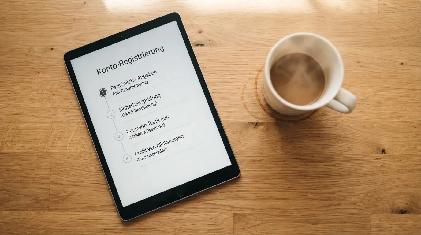 Schreibtisch mit einem Tablet, auf dem ein Schema mit nummerierten Schritten eines Anmeldevorgangs zu sehen ist, daneben ein Kaffeebecher.