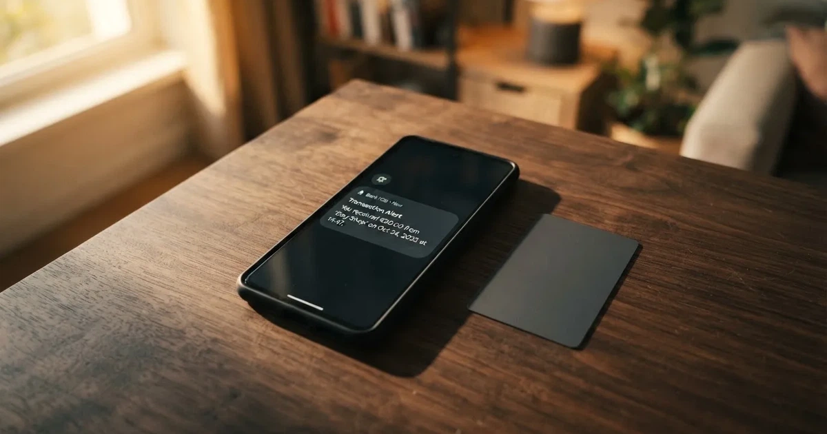 Schreibtisch mit einem Smartphone, auf dessen Bildschirm eine Kontobewegung mit Datum und Betrag in Euro angezeigt wird, daneben eine Bankkarte.