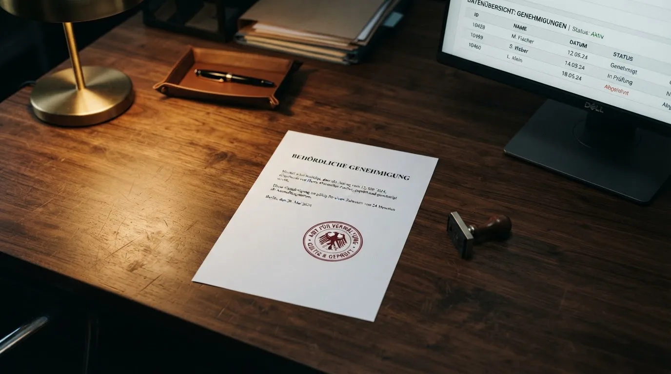 Schreibtisch mit einem gedruckten Amtsdokument, einem Stempel und einem Bildschirm, auf dem eine offizielle Whitelist-Tabelle angezeigt wird.