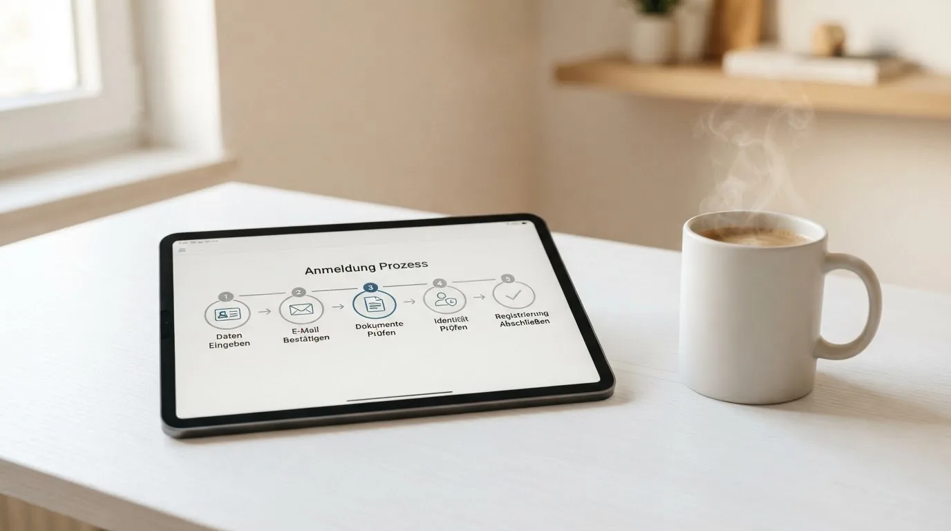 Schreibtisch mit einem Tablet, auf dem ein Schema mit nummerierten Schritten eines Anmeldevorgangs zu sehen ist, daneben ein Kaffeebecher.