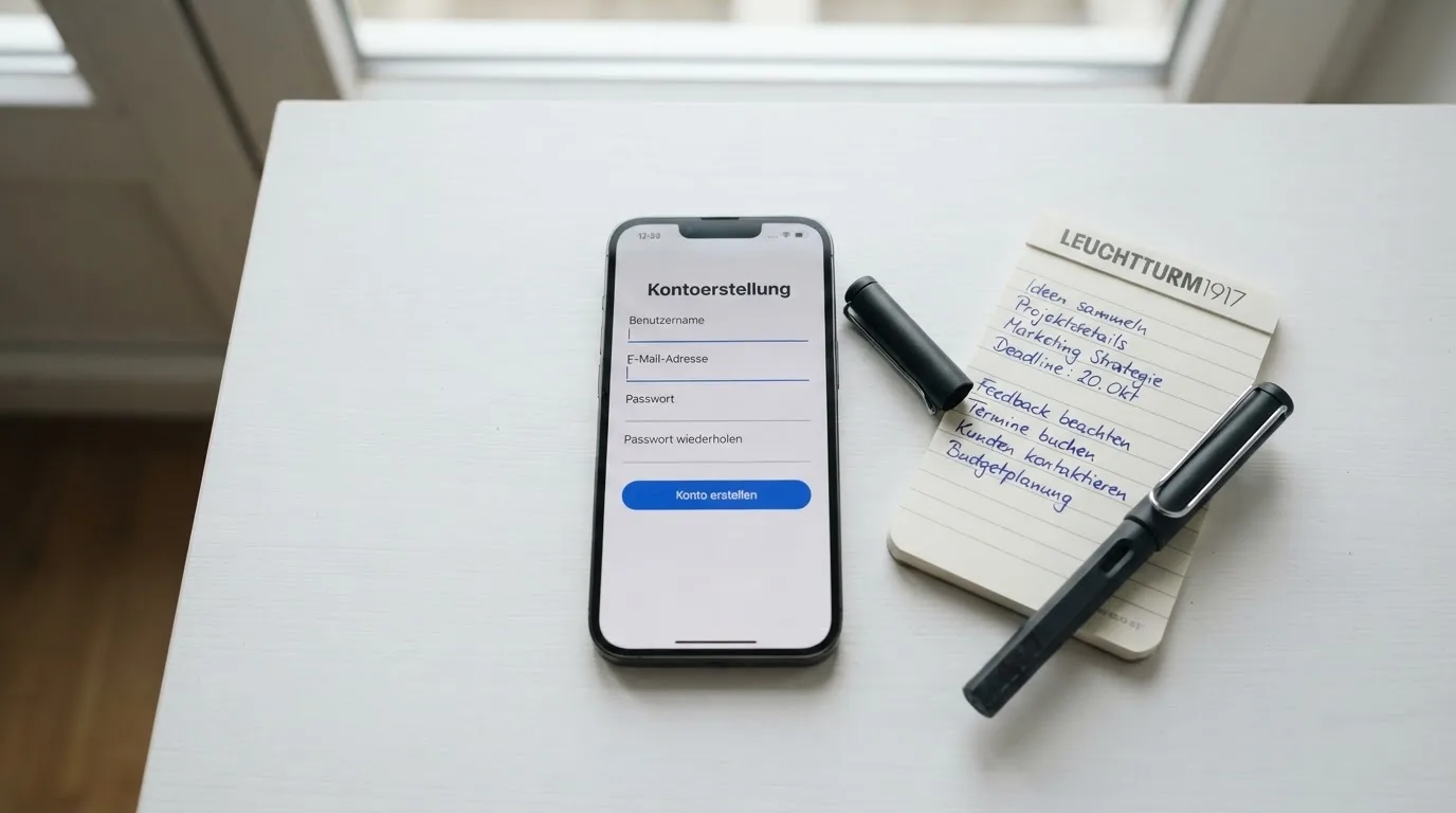 Draufsicht auf ein Smartphone mit einer geoeffneten Registrierungsmaske fuer ein Spielerkonto, daneben ein Notizblock mit handschriftlichen Bonusbedingungen.
