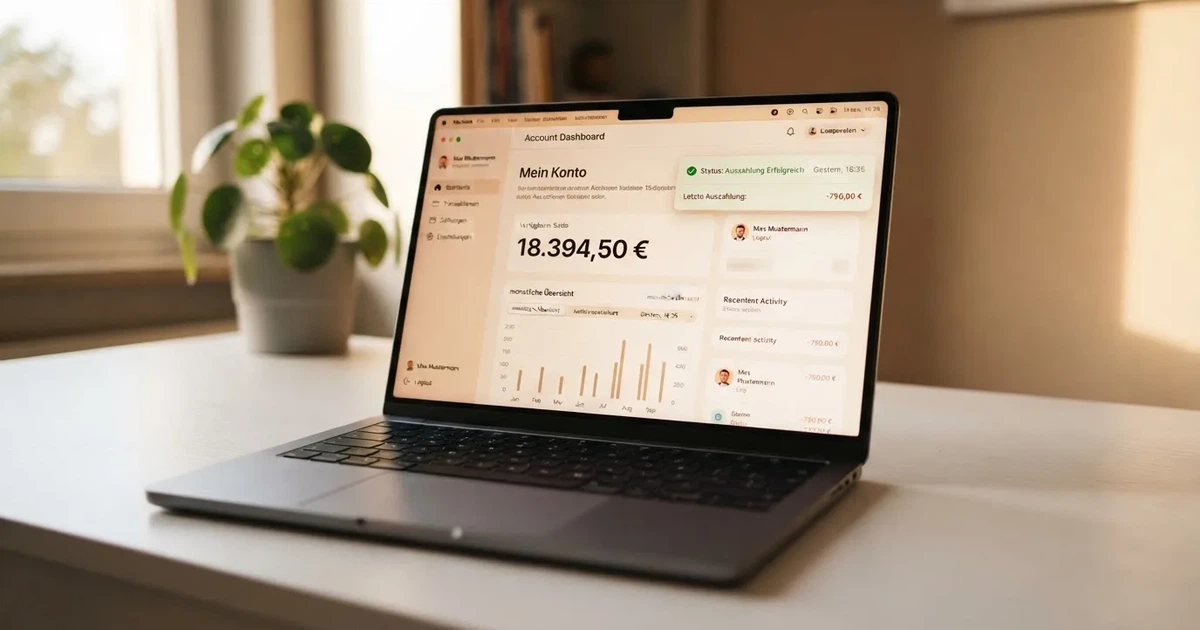 Nahaufnahme eines Laptop-Bildschirms mit einer Kontouebersicht, auf der ein Guthabenbetrag in Euro und ein Auszahlungsstatus zu sehen sind.