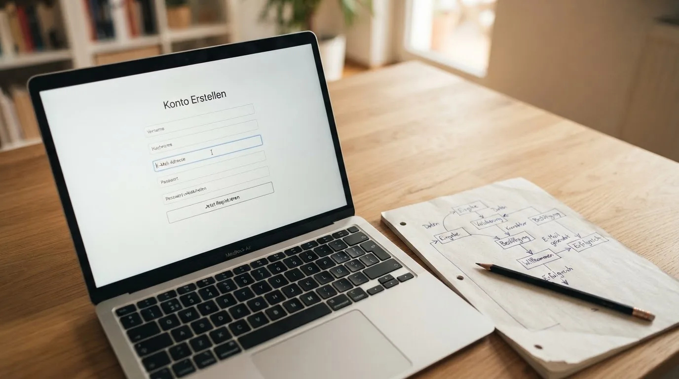 Nahaufnahme eines Laptop-Bildschirms mit einem Formular zur Kontoeroeffnung, daneben ein Blatt Papier mit einer handgezeichneten Ablaufskizze.
