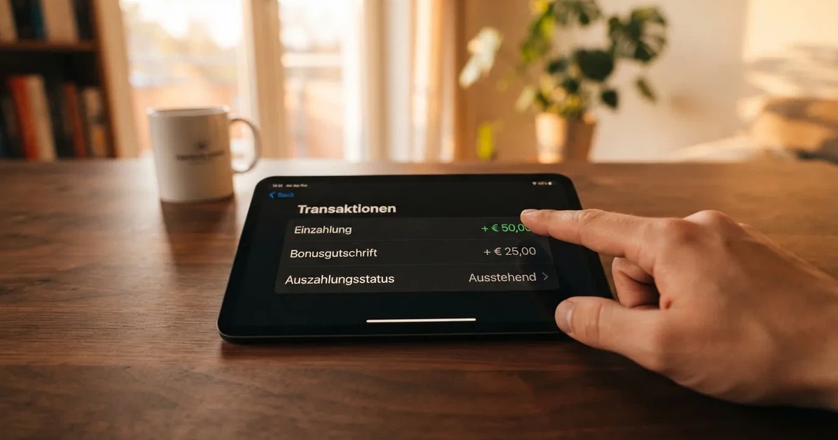 Nahaufnahme eines Tablet-Bildschirms mit einer Transaktionsliste, in der Einzahlung, Bonusgutschrift und Auszahlungsstatus untereinander aufgefuehrt sind.