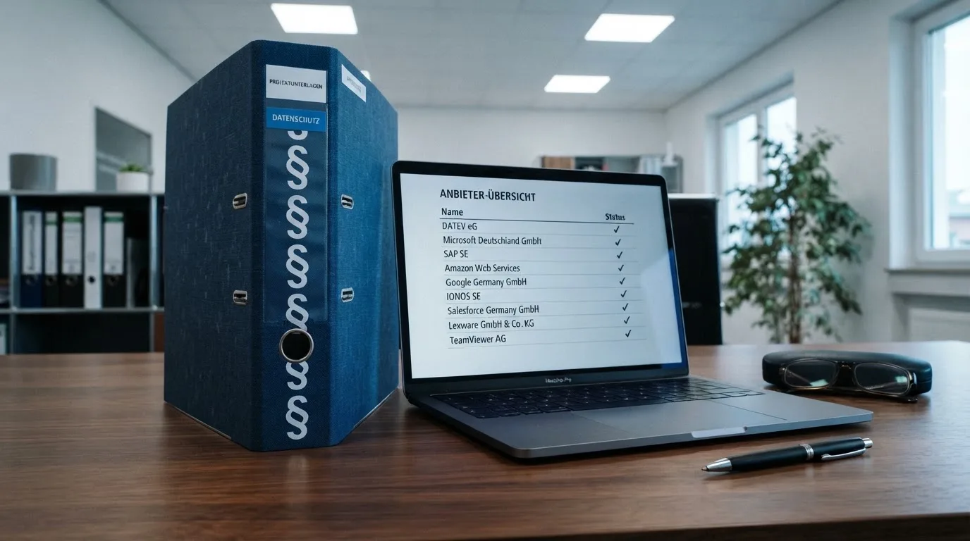 Nahaufnahme eines Aktenordners mit Paragraphenzeichen auf dem Ruecken, daneben ein aufgeklapptes Notebook mit einer Uebersichtsliste lizenzierter Anbieter.