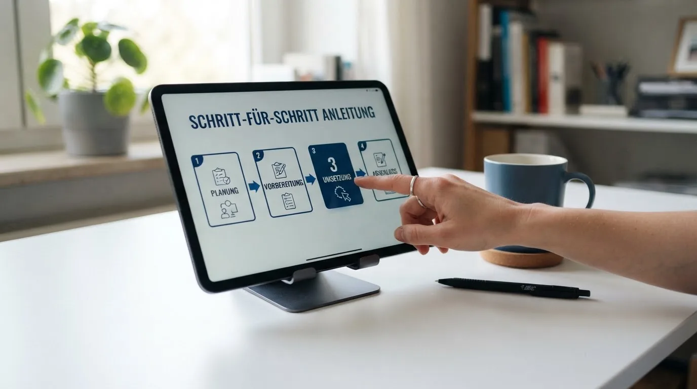 Schreibtisch mit einem Tablet, auf dem ein Schema mit nummerierten Schritten eines Anmeldevorgangs zu sehen ist, daneben ein Kaffeebecher.