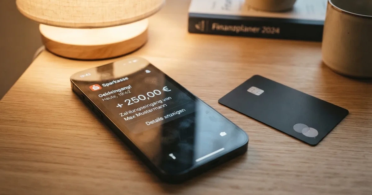 Schreibtisch mit einem Smartphone, auf dessen Bildschirm eine Kontobewegung mit Datum und Betrag in Euro angezeigt wird, daneben eine Bankkarte.