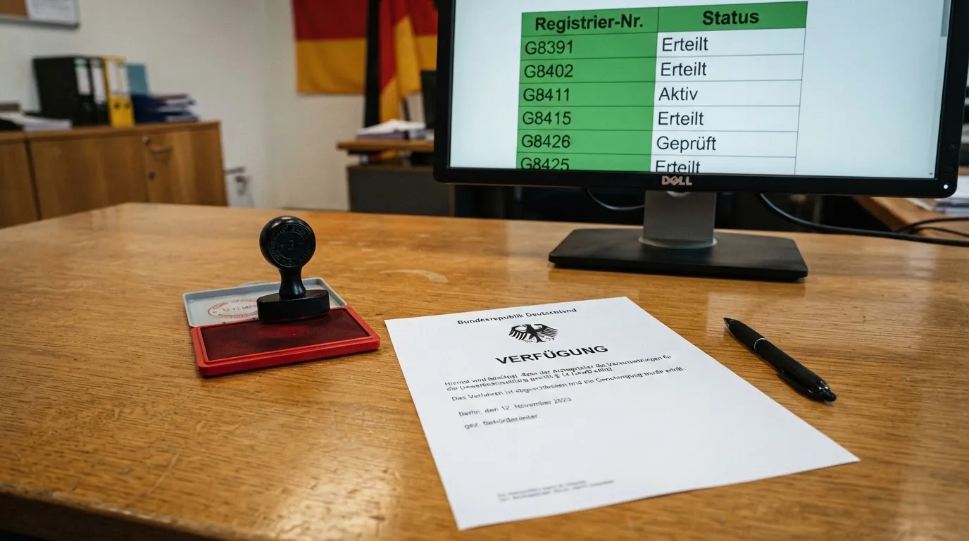 Schreibtisch mit einem gedruckten Amtsdokument, einem Stempel und einem Bildschirm, auf dem eine offizielle Whitelist-Tabelle angezeigt wird.