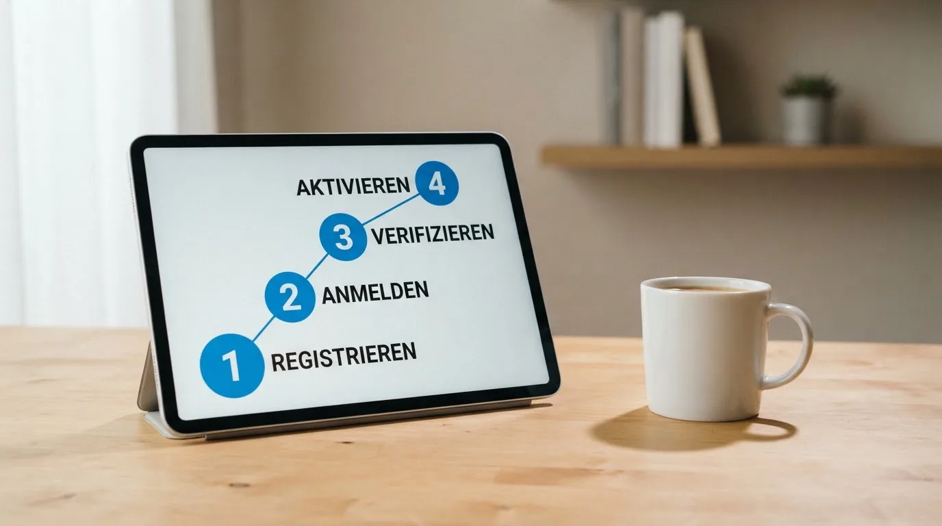 Schreibtisch mit einem Tablet, auf dem ein Schema mit nummerierten Schritten eines Anmeldevorgangs zu sehen ist, daneben ein Kaffeebecher.