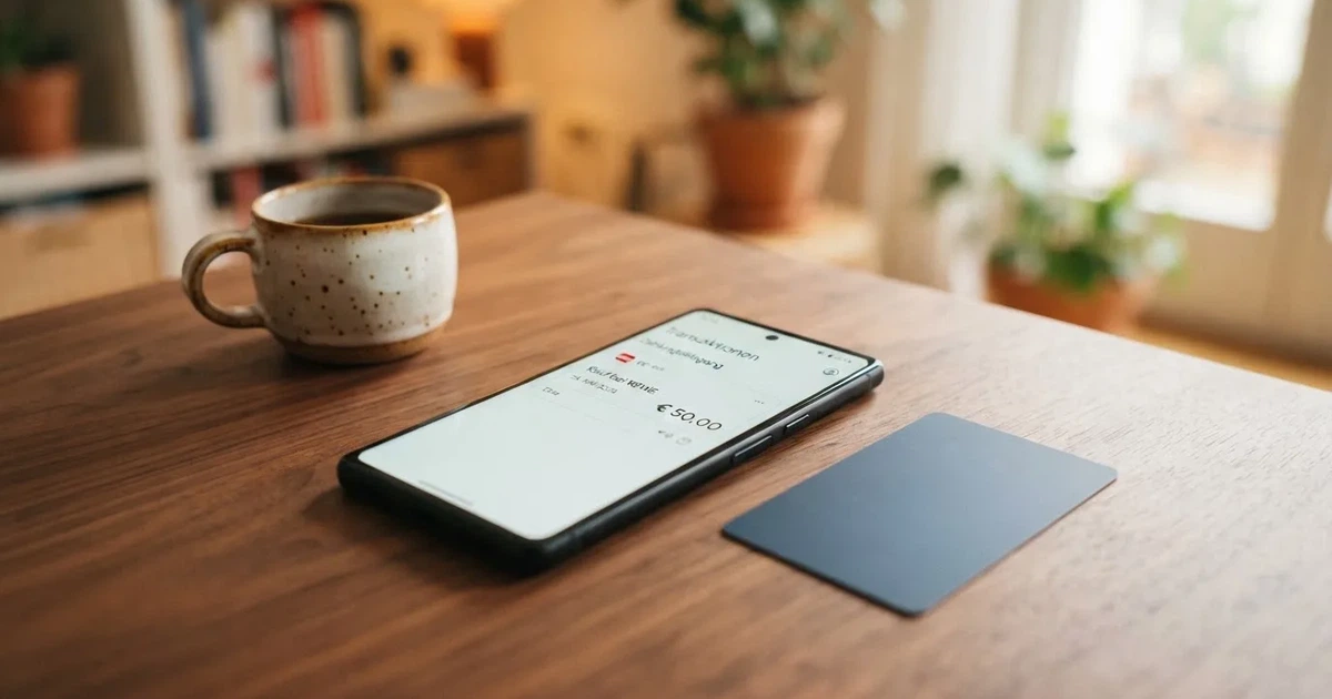 Schreibtisch mit einem Smartphone, auf dessen Bildschirm eine Kontobewegung mit Datum und Betrag in Euro angezeigt wird, daneben eine Bankkarte.