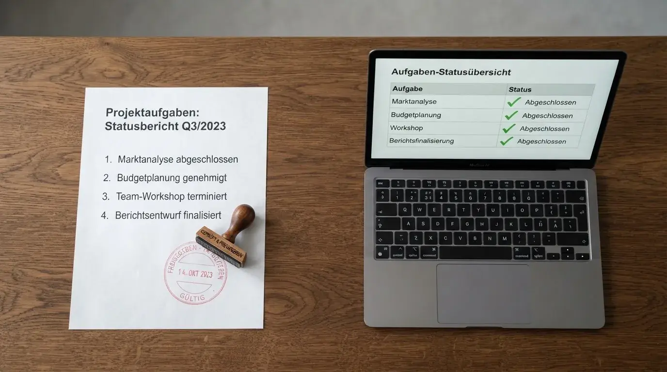 Schreibtisch mit einem gedruckten Amtsdokument, einem Stempel und einem Bildschirm, auf dem eine offizielle Whitelist-Tabelle angezeigt wird.