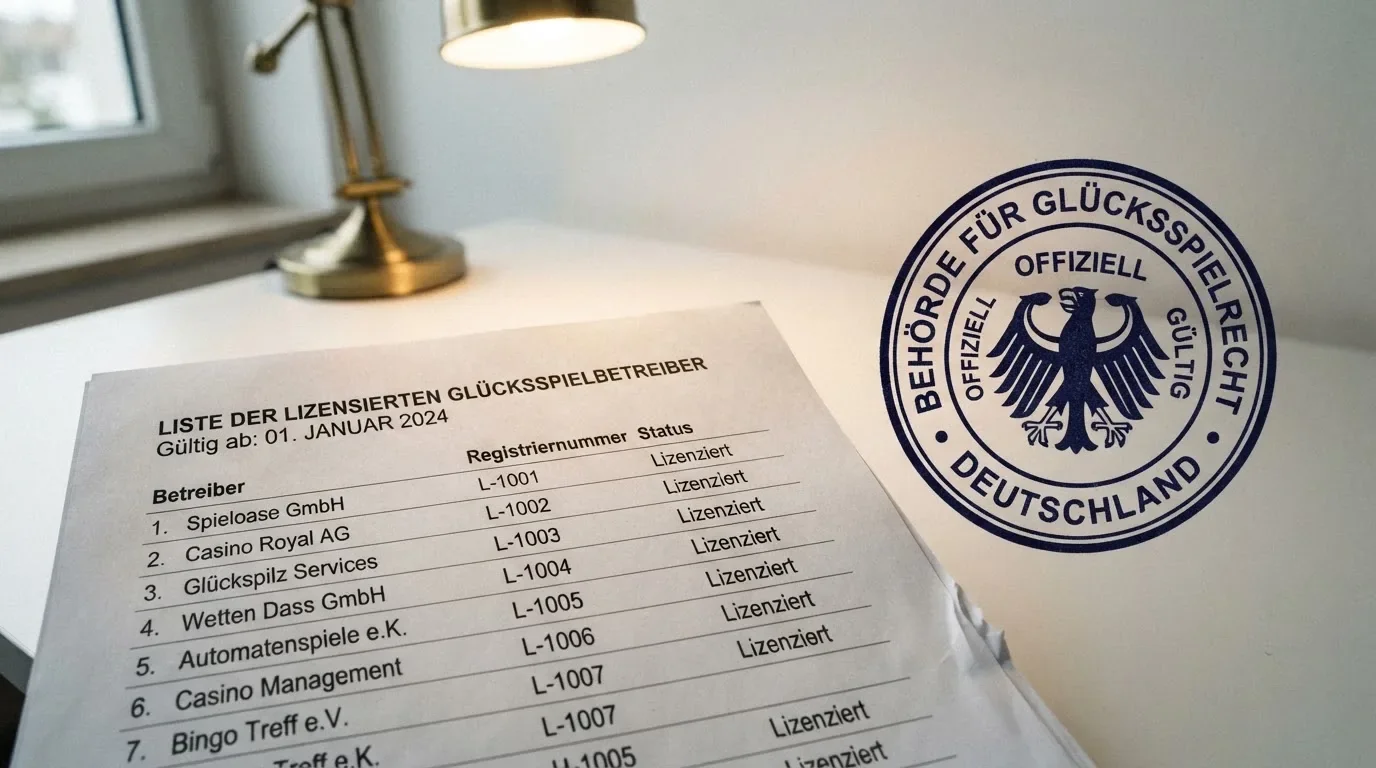 Nahaufnahme einer gedruckten Liste zugelassener Anbieter neben einem amtlichen Prüfsiegel.