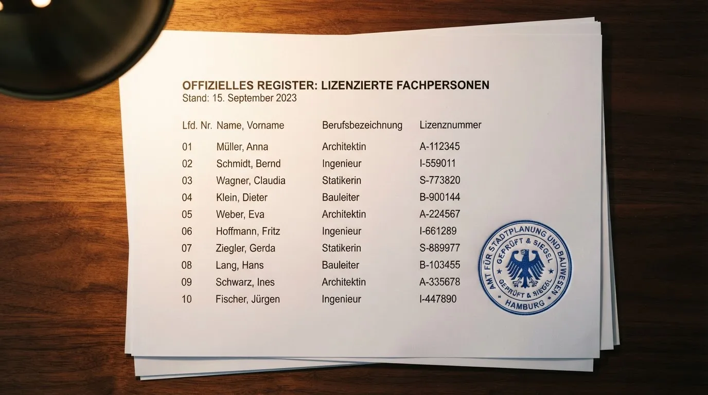Nahaufnahme einer gedruckten Liste zugelassener Glücksspielanbieter neben einem amtlichen Prüfsiegel.