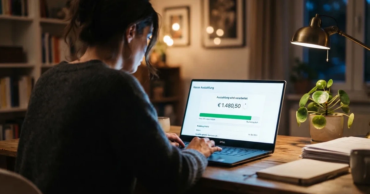 Bildschirm einer Kassenseite mit Auszahlungsbetrag und Bearbeitungsstatus in einem Online-Casino.