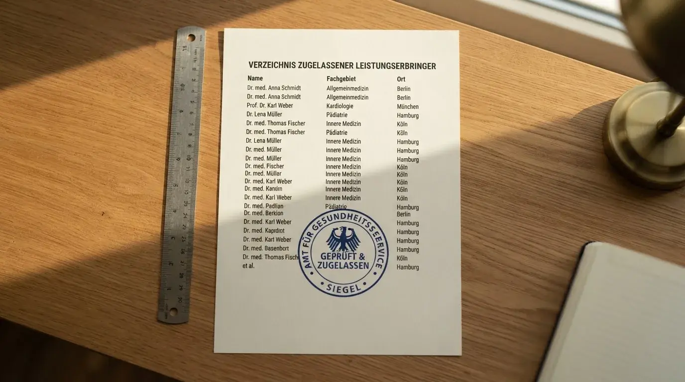 Nahaufnahme einer gedruckten Anbieterliste neben einem amtlichen Prüfsiegel.