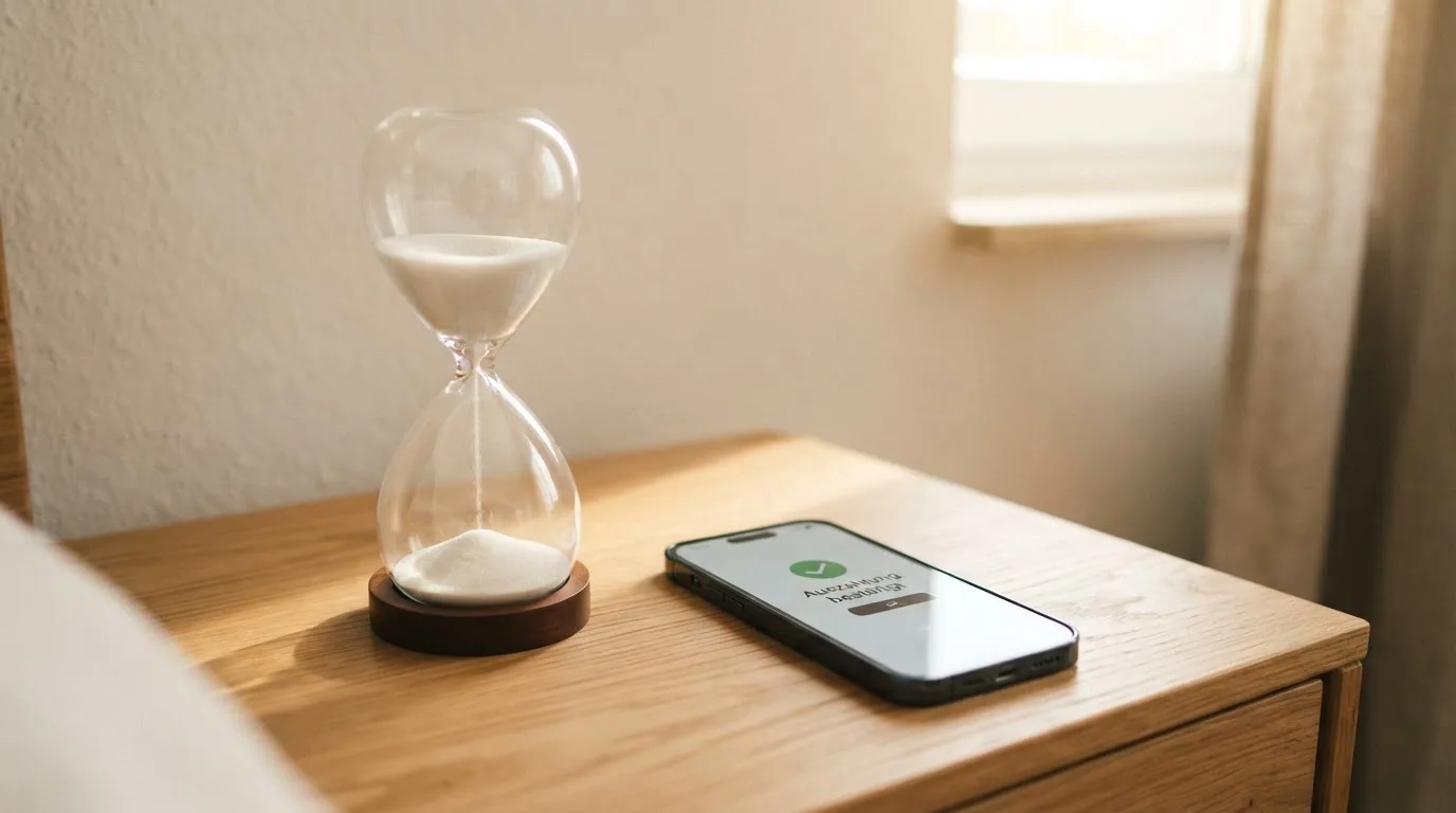 Nahaufnahme einer Sanduhr neben einem Smartphone-Bildschirm mit einer Zahlungsbestätigung.