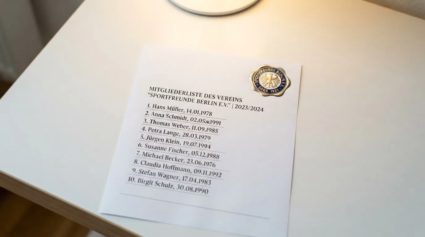 Nahaufnahme einer gedruckten Anbieterliste neben einem amtlichen Prüfsiegel.