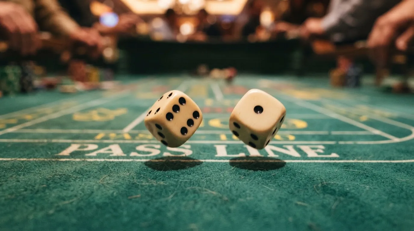 Nahaufnahme zweier rollender Würfel auf einem grünen Spieltisch.