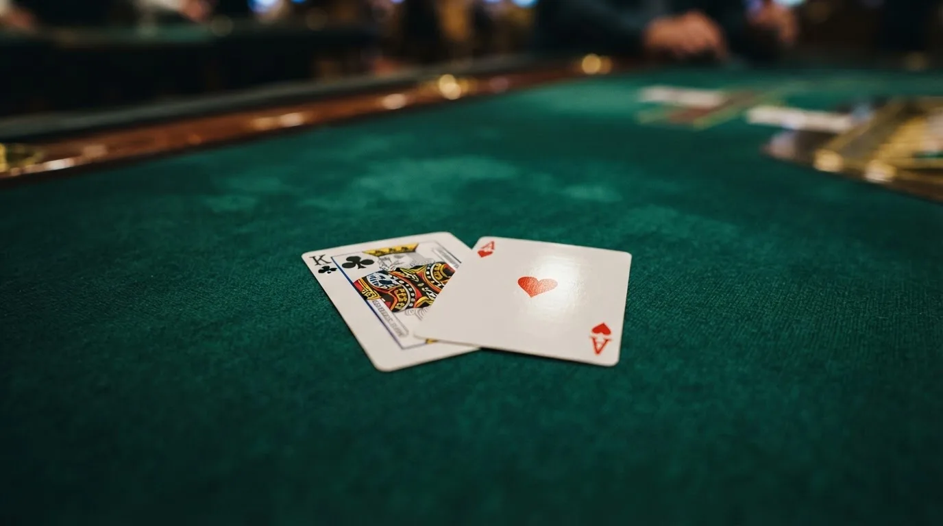 Nahaufnahme zweier aufgedeckter Spielkarten neben einem grünen Kartentisch.