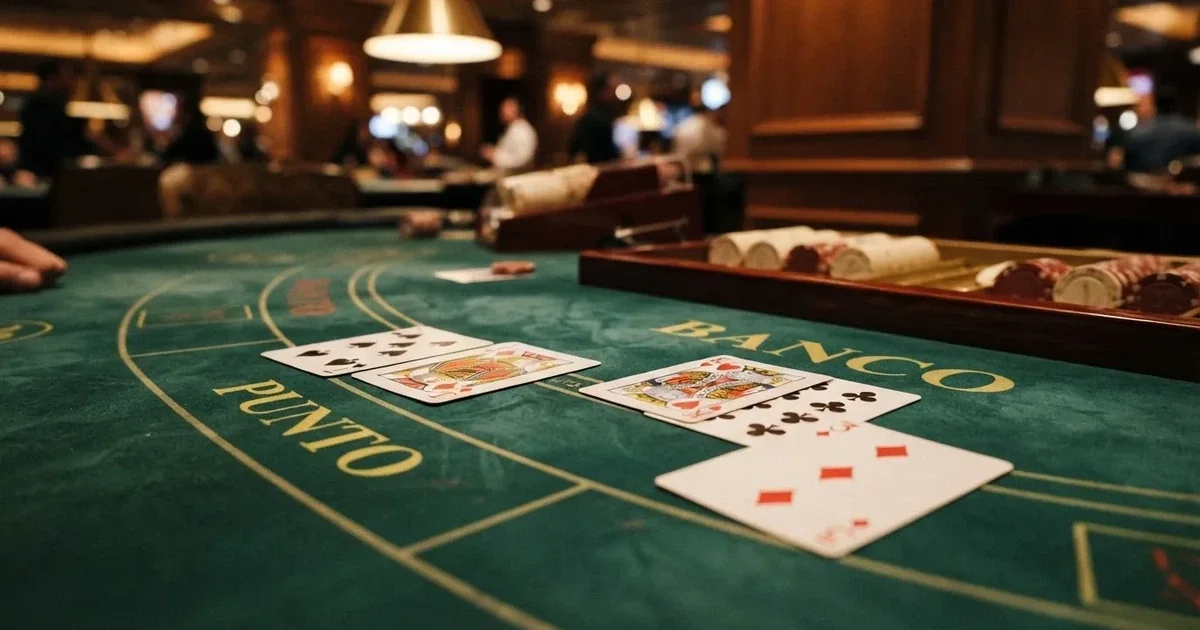 Nahaufnahme eines Baccarat-Tisches mit Spielkarten und Setzfeldern für Punto und Banco.