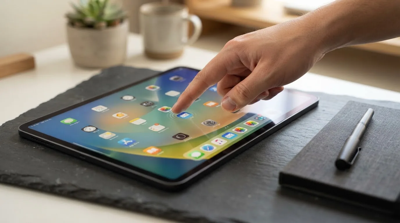 Finger tippt auf ein Touchscreen-Display eines Tablets mit einer Rasteransicht aus App-Symbolen.