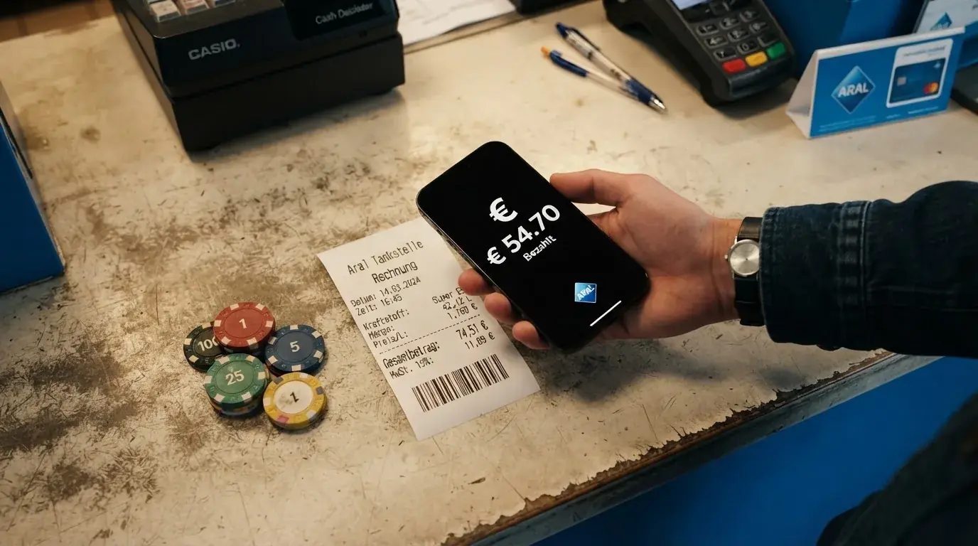 Illustration eines Ablaufs von Barzahlung an der Kasse bis zur Gutschrift auf dem Spielerkonto.