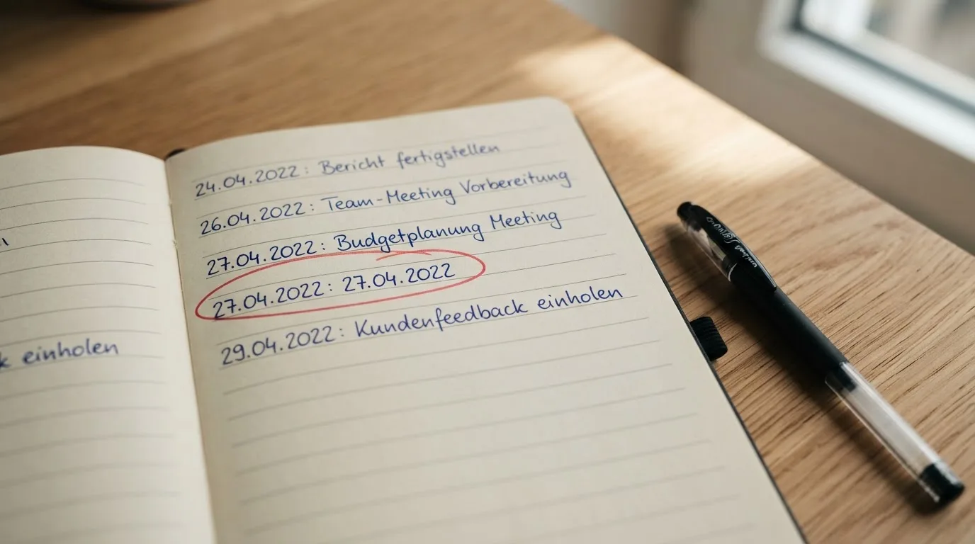 Nahaufnahme eines Kalenders mit einem markierten Datum auf einem Schreibtisch.