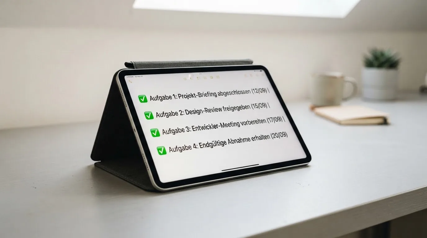 Tablet mit einer digitalen Liste und Häkchen-Symbolen auf einem Schreibtisch.