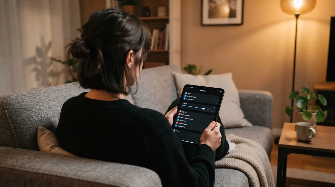 Person betrachtet nachdenklich eine App mit Einstellungsmenü auf einem Tablet in einem ruhigen Wohnzimmer.
