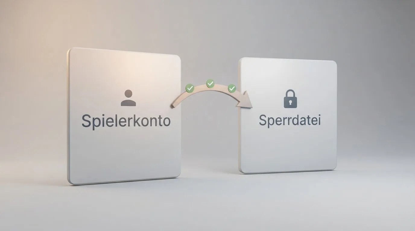 Schema eines Datenabgleichs zwischen einem Spielerkonto und einer zentralen Sperrdatei auf einem Monitor.
