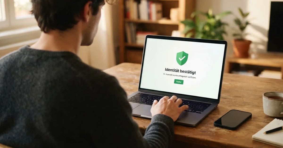 Person legitimiert sich per Online-Ausweisfunktion an einem Laptop mit Kartenlesegerät.