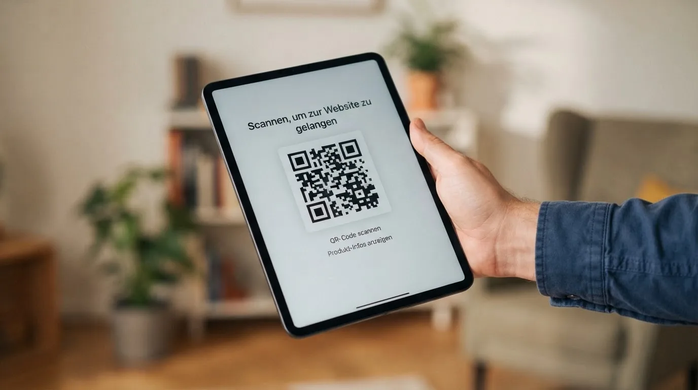 Nahaufnahme einer Hand, die auf einem Tablet einen QR-Code für eine Kryptowährungs-Einzahlung scannt.