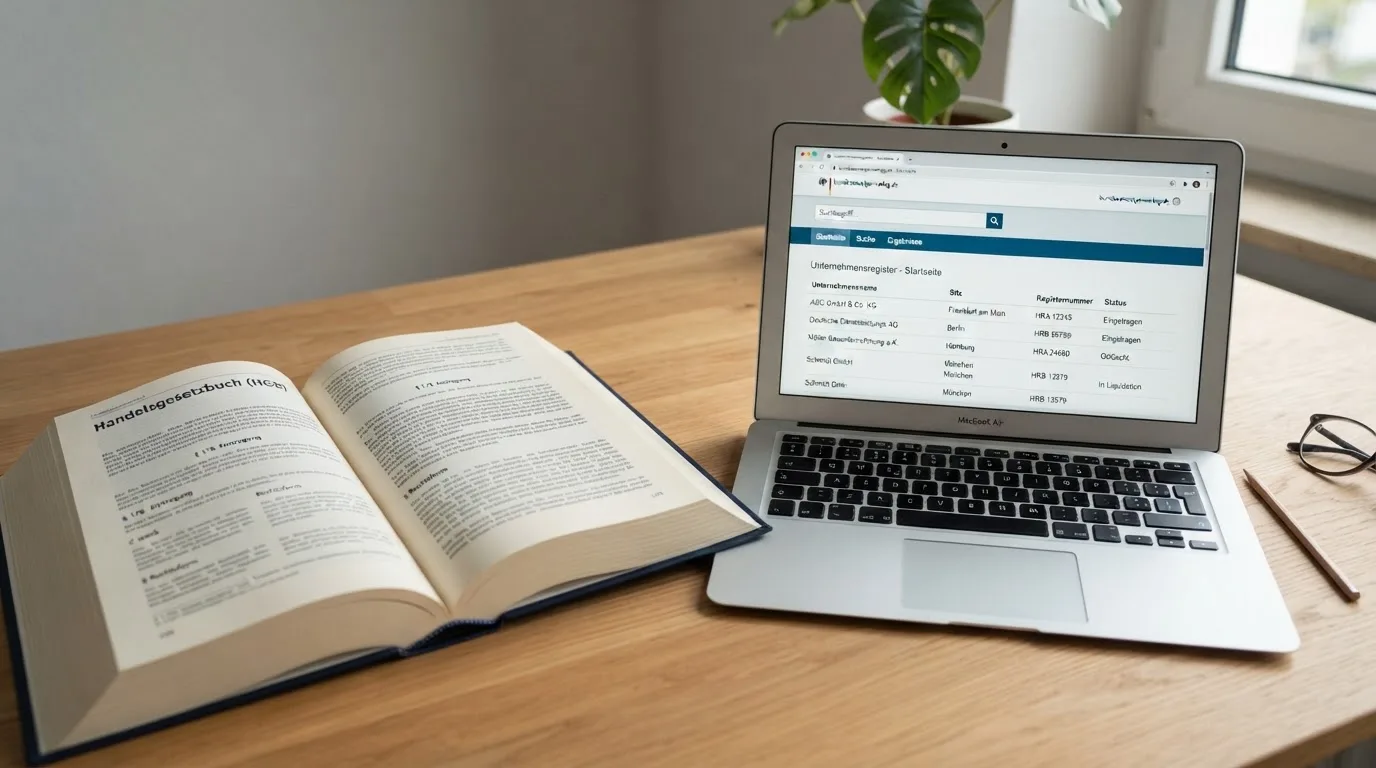 Nahaufnahme eines Gesetzestextes neben einem Laptop mit einer Behördenwebsite auf dem Bildschirm.
