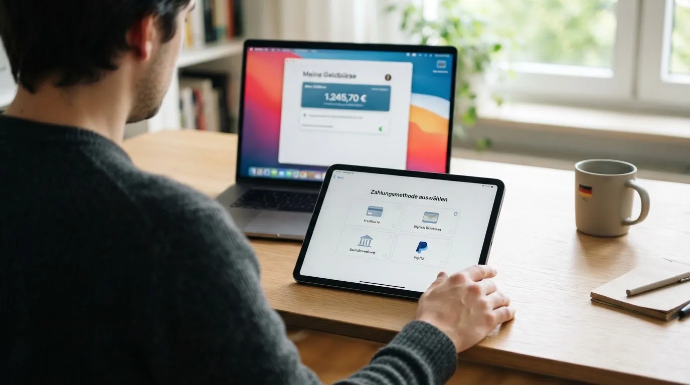 Person zeigt auf einem Tablet eine Liste von Zahlungsmethoden, während im Hintergrund ein Laptop mit einer Wallet-App steht.
