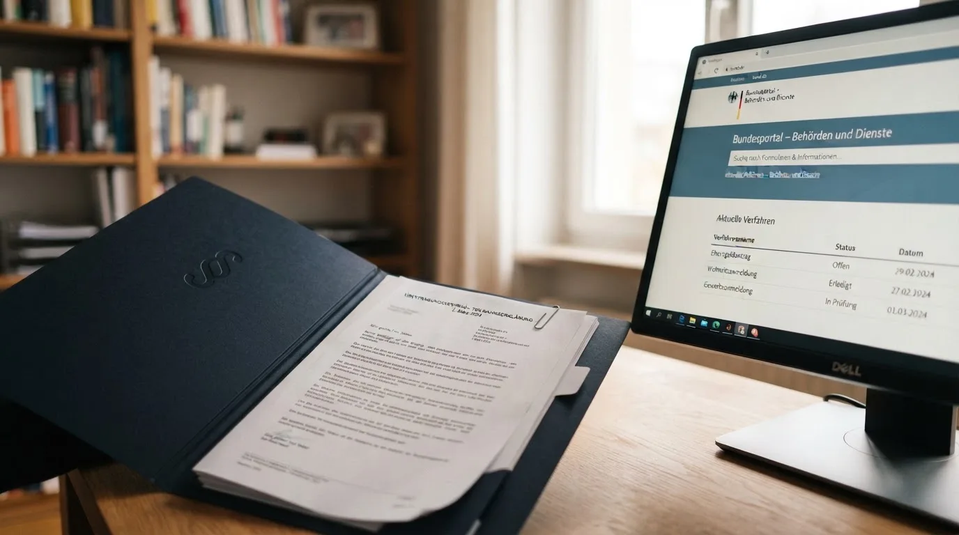 Nahaufnahme eines Aktenordners mit Paragraphenzeichen neben einem Computerbildschirm mit einer Behördenseite.