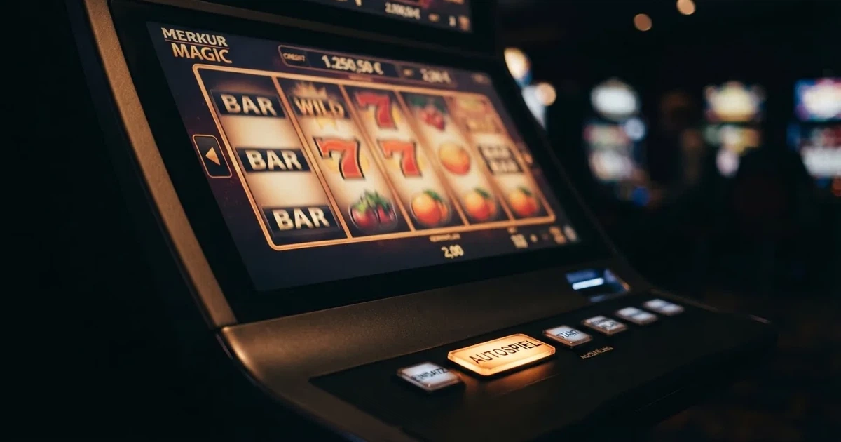Nahaufnahme eines Spielautomaten-Bildschirms mit aktivierter Autoplay-Schaltfläche, ohne erkennbare Markenzeichen.