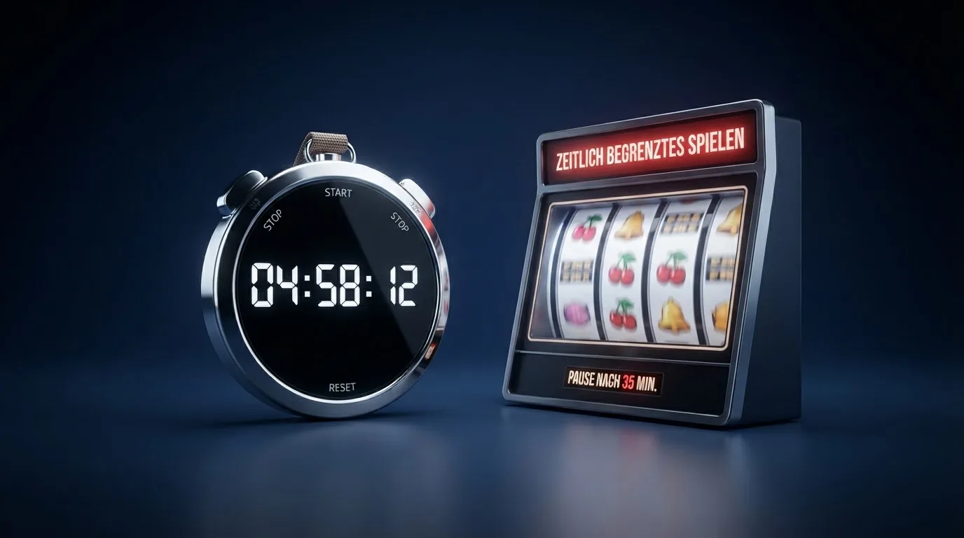 Symbolbild einer Stoppuhr neben einem Spielautomaten-Bildschirm, das ein Zeitintervall andeutet.