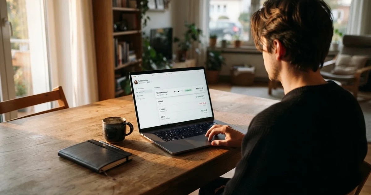 Person prüft am Laptop eine Kontoübersicht mit Auszahlungsstatus und Kalenderdatum.